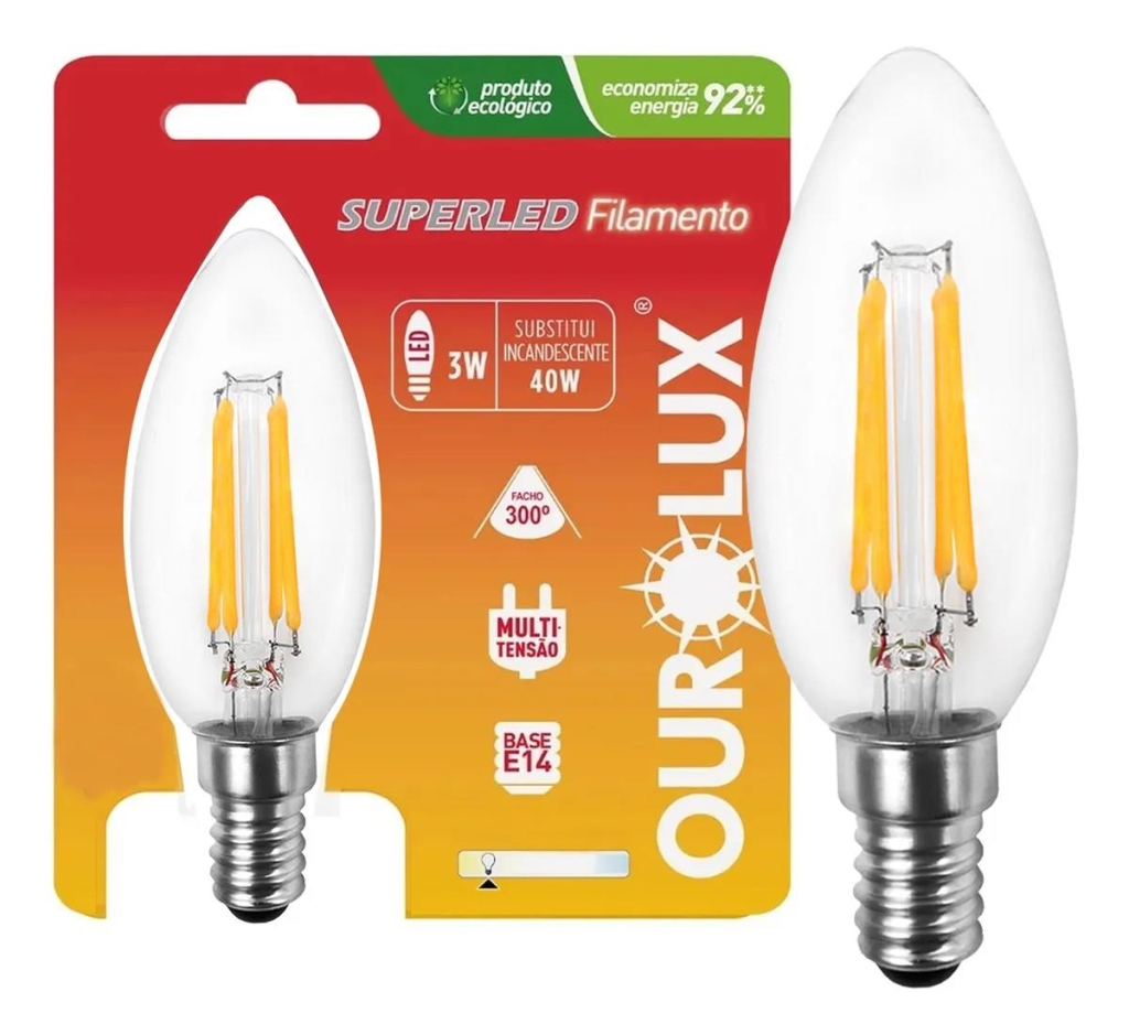 LÂMPADA SUPERLED VELA FILAMENTO 3W BV E14 2700K