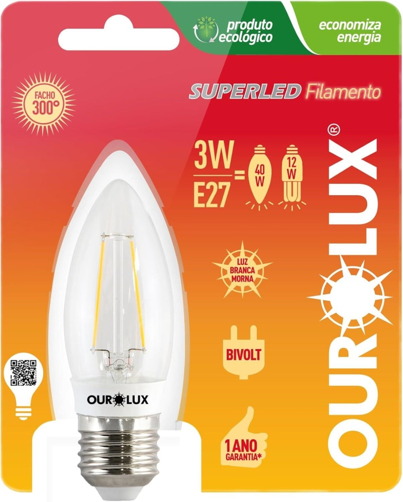 LÂMPADA SUPERLED VELA FILAMENTO 3W BV E27 2700K OUROLUX