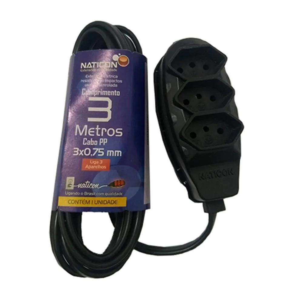 EXTENSÃO ELÉTRICA NATICON 3 METROS 2P+T PRETA 10A