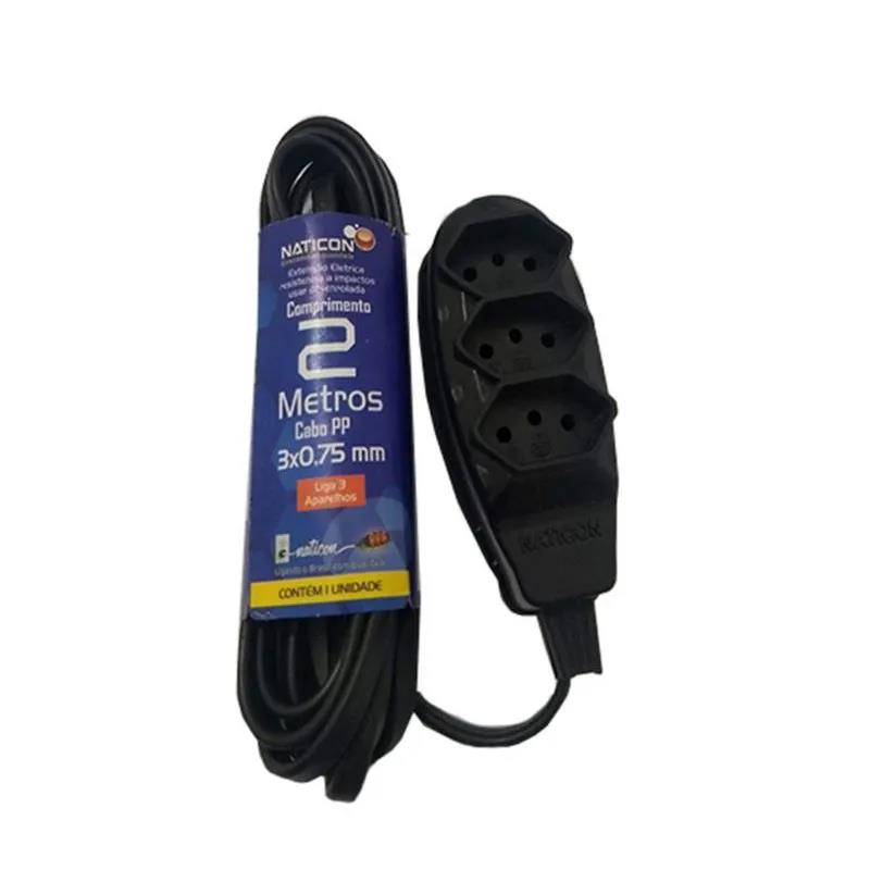 EXTENSÃO ELÉTRICA NATICON 2 METROS 2P+T PRETA 10A