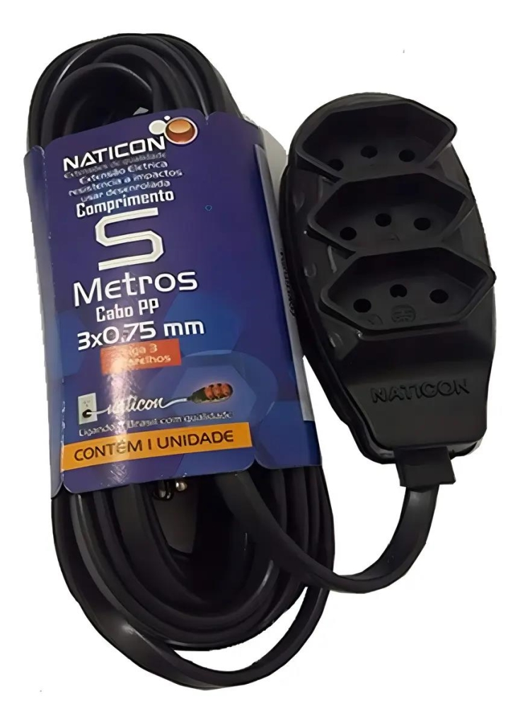 EXTENSÃO ELÉTRICA NATICON 5 METROS 2P+T 10A PRETA
